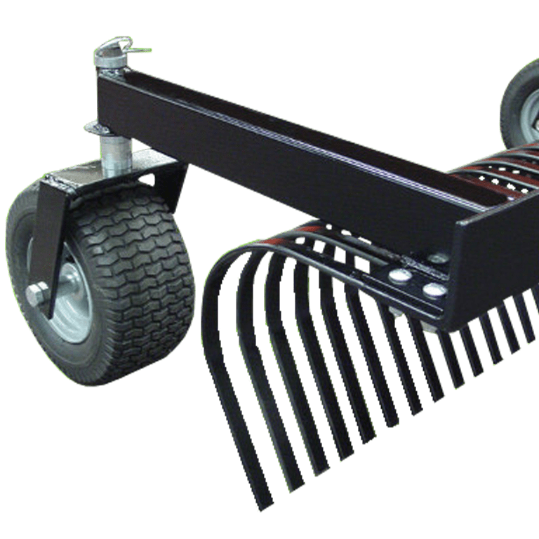 Close-up of BEFCO Landscape Rake with gauge wheels, illustrating enhanced control for finish grading.
