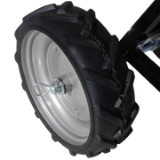 Close-up of BEFCO spreader's solid tire option, providing puncture-proof reliability in rough terrain conditions