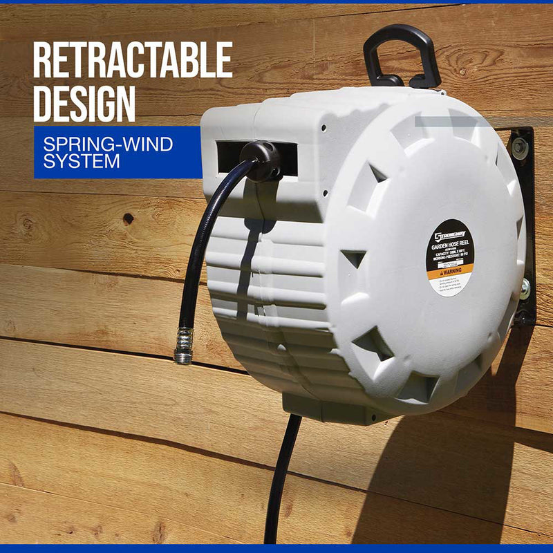 Retractable Garden Hose Reel for Property Maintenance | 5/8 In. x 80 Ft. | Wall Mount | Spring-Wind System | Strongway