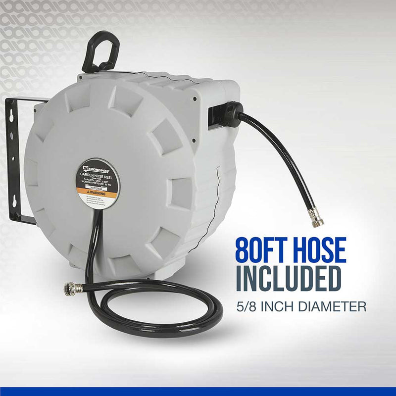 Retractable Garden Hose Reel for Property Maintenance | 5/8 In. x 80 Ft. | Wall Mount | Spring-Wind System | Strongway