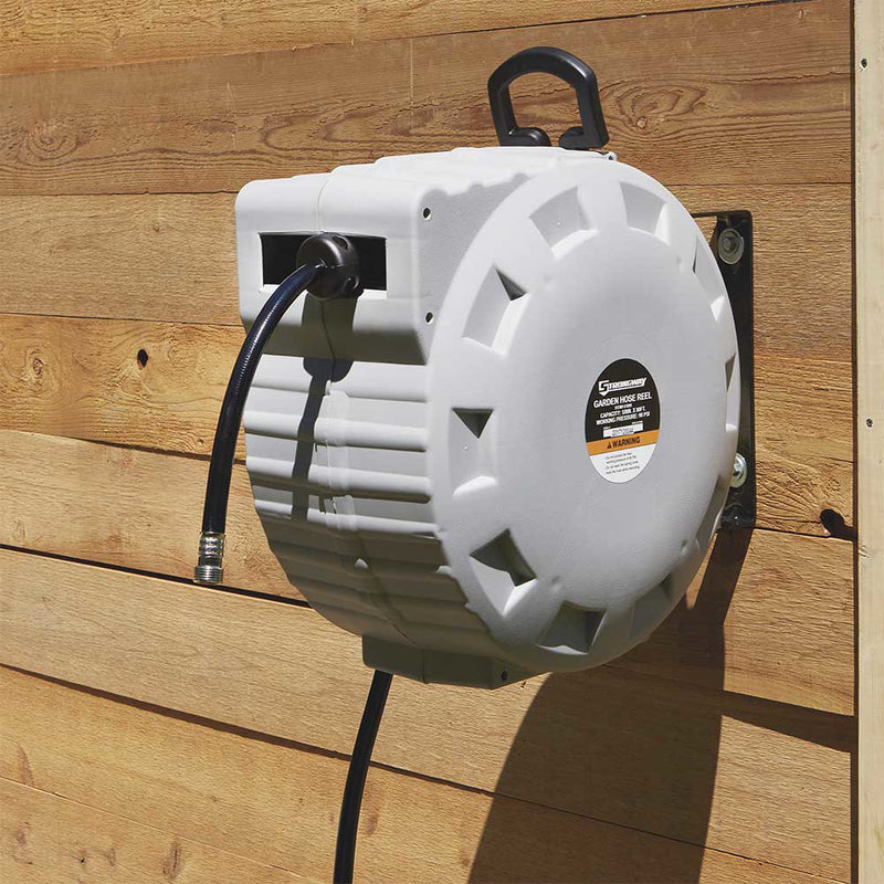 Retractable Garden Hose Reel for Property Maintenance | 5/8 In. x 80 Ft. | Wall Mount | Spring-Wind System | Strongway