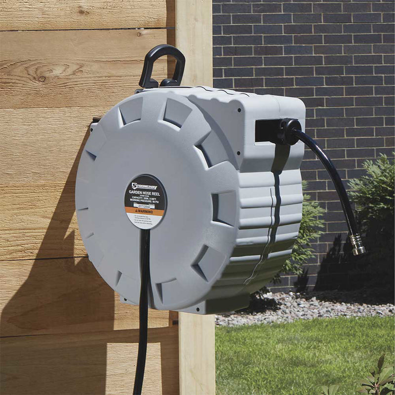 Retractable Garden Hose Reel for Property Maintenance | 5/8 In. x 80 Ft. | Wall Mount | Spring-Wind System | Strongway