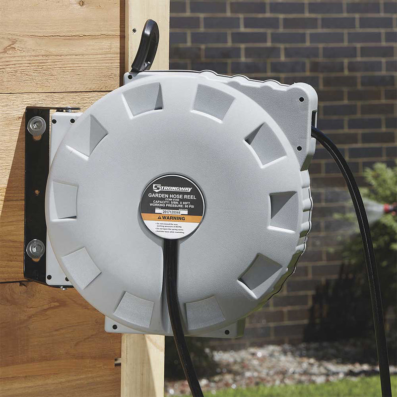 Retractable Garden Hose Reel for Property Maintenance | 5/8 In. x 80 Ft. | Wall Mount | Spring-Wind System | Strongway