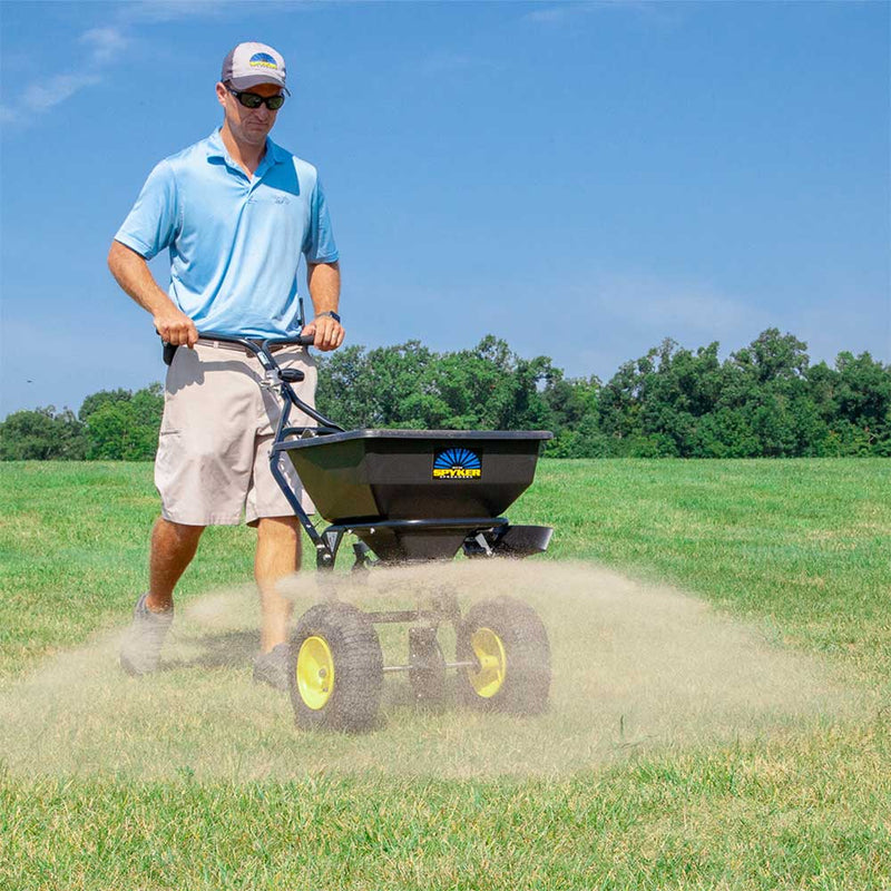 Push Drop Spreader | Walk Behind Style | 50-Lb Capacity | Powder Coated | 13-Inch Wheels | Spyker
