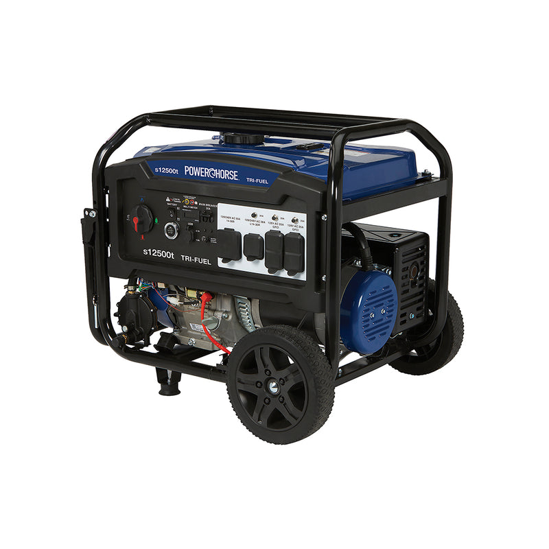 Tri-Fuel Generator for Contractors | 12,500 Surge Watts | Electric Start | Gasoline, Propane & Natural Gas | Powerhorse