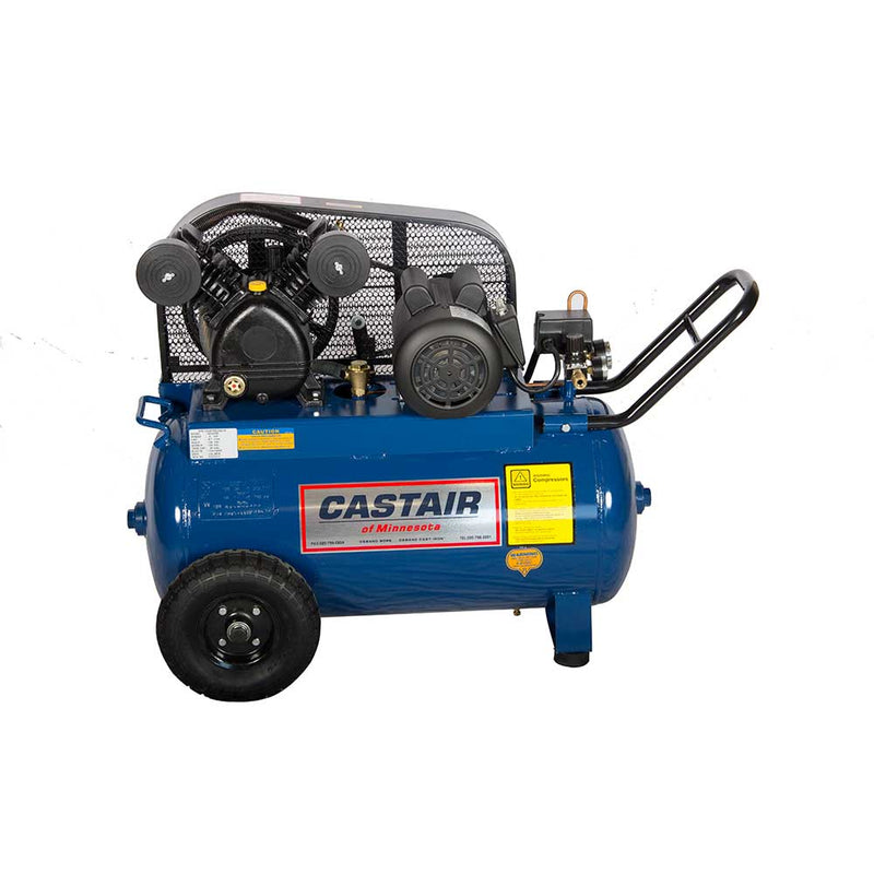 20 Gal. Horizontal Air Compressor for Workshop | 2HP | Single Phase 115V | Cast Iron Pump | Castair