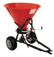 Red BEFCO broadcast spreader with pull-type hitch and large air tires, designed for efficient material distribution