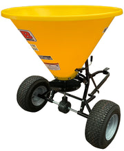 Yellow BEFCO Baby-Hop spreader with high-flotation tires and tubular steel frame for smooth operation on lawns