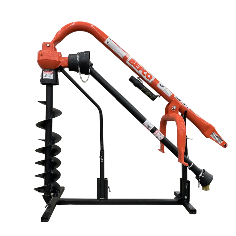 Close-up of BEFCO MOLE post hole digger with reinforced boom and yoke, showcasing durable construction.