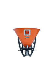 Front view of BEFCO PTO Broadcast Spreader model 203, emphasizing its one-piece seamless steel hopper.