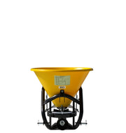 Close-up of BEFCO broadcast spreader model 203, showcasing the durable yellow polyethylene hopper.