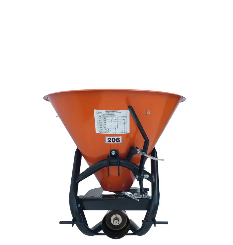 BEFCO PTO Broadcast Spreader model 206, featuring a sealed gearbox and adjustable spread pattern controls.