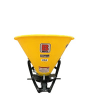 BEFCO PTO spreader model 206 with yellow poly hopper, designed for precise fertilizer and seed distribution.