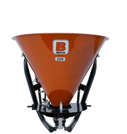 BEFCO PTO Broadcast Spreader with seamless steel hopper, designed for 16–50 HP tractors, front view.