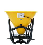 BEFCO PTO spreader model 209 with yellow poly hopper, suitable for 20-50 HP tractors, featuring a robust frame.