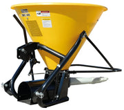 Side view of BEFCO TURBO-HOP 301-400 spreader showing yellow hopper and black frame.