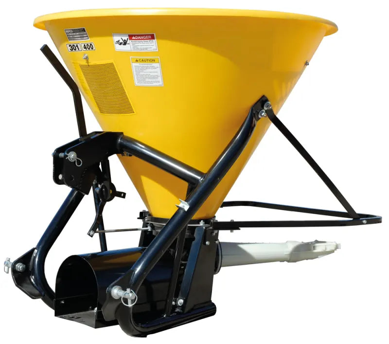Side view of BEFCO TURBO-HOP 301-400 spreader showing yellow hopper and black frame.