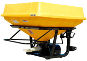 Side view of BEFCO Turbo-Hop 303-999 spreader, highlighting large yellow hopper and robust frame design.