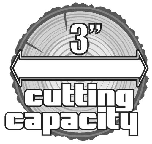 Graphic showing 3-inch cutting capacity for BEFCO TORNADO RHD rotary cutter, ideal for dense vegetation.