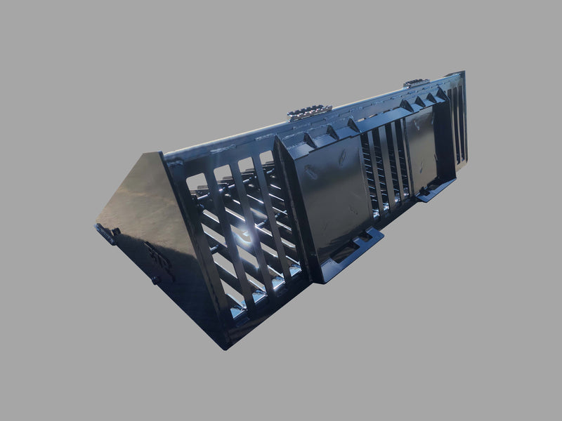 Close-up of Skid Steer Rock Bucket Attachment showing reinforced tines and solid rod cross braces.