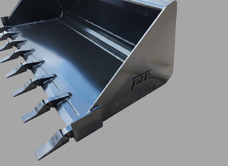 Side angle of skid steer tooth bucket highlighting welded-on H&L tooth adapters and robust sidewalls.