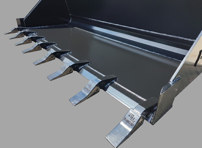 Close-up of skid steer tooth bucket teeth, featuring H&L components for efficient digging performance.
