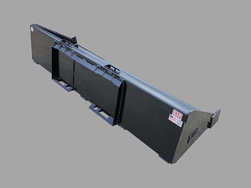 Rear view of skid steer material bucket showing welded construction and universal quick attach frame.