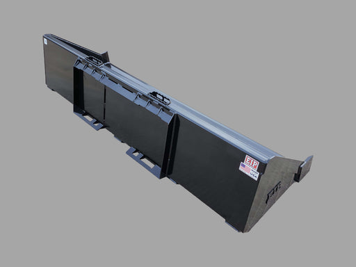 Rear view of skid steer material bucket showing welded construction and universal quick attach frame.