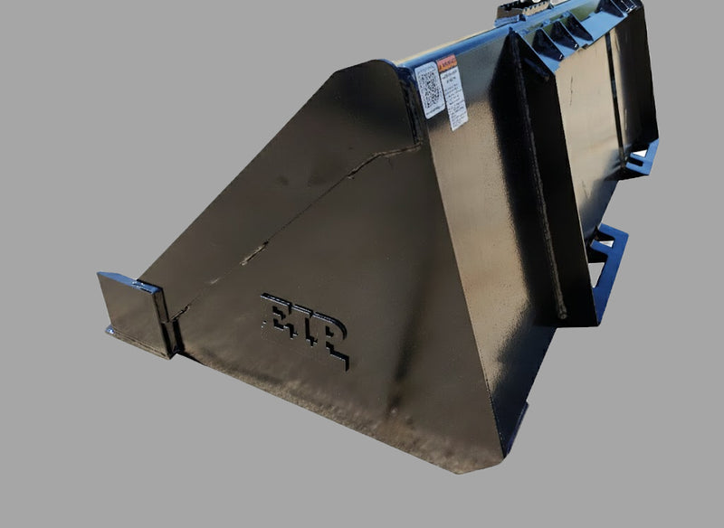 Side angle of Skid Steer Material Bucket emphasizing reinforced side stiffeners and robust steel structure.