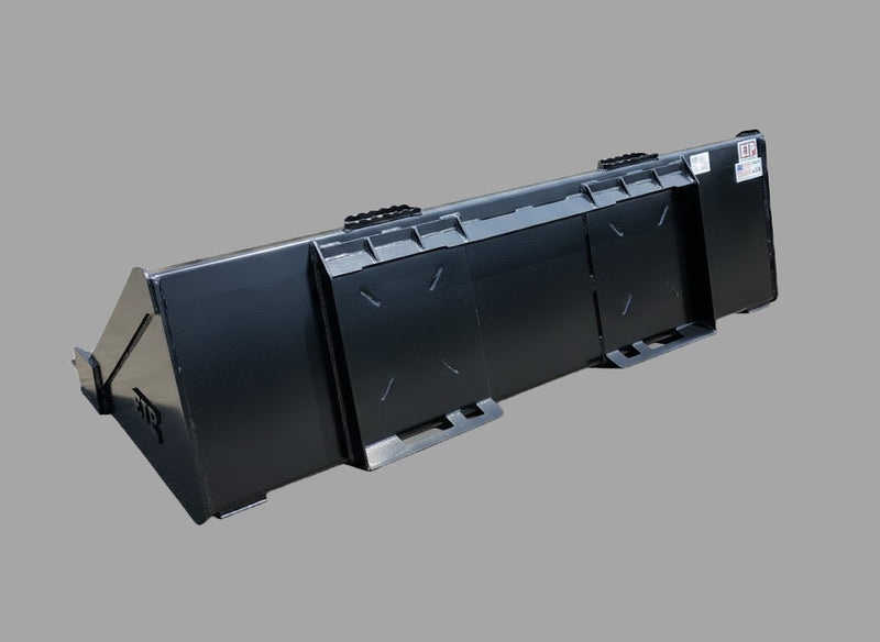 Back view of skid steer tooth bucket showcasing reinforced upper supports and powder-coated finish.