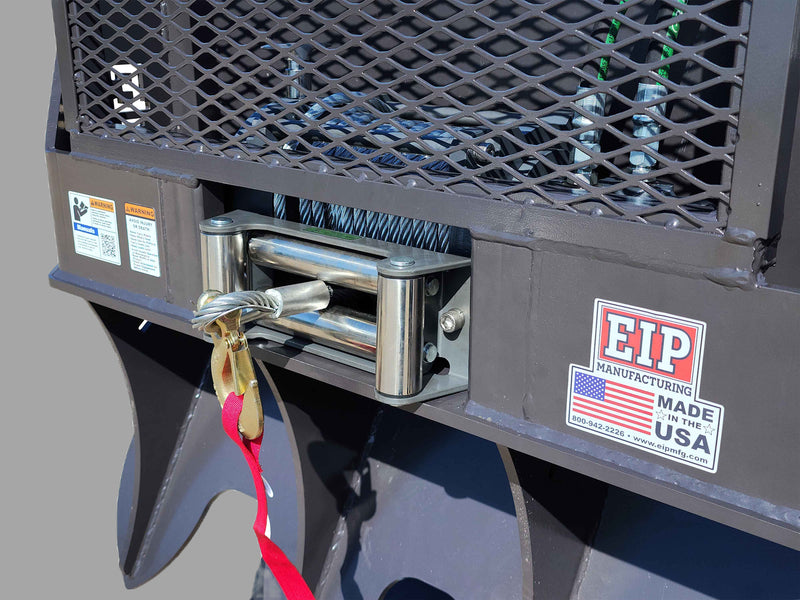 Detail of Forestry Winch's cable and protective wire screen, highlighting safety features and durable build.