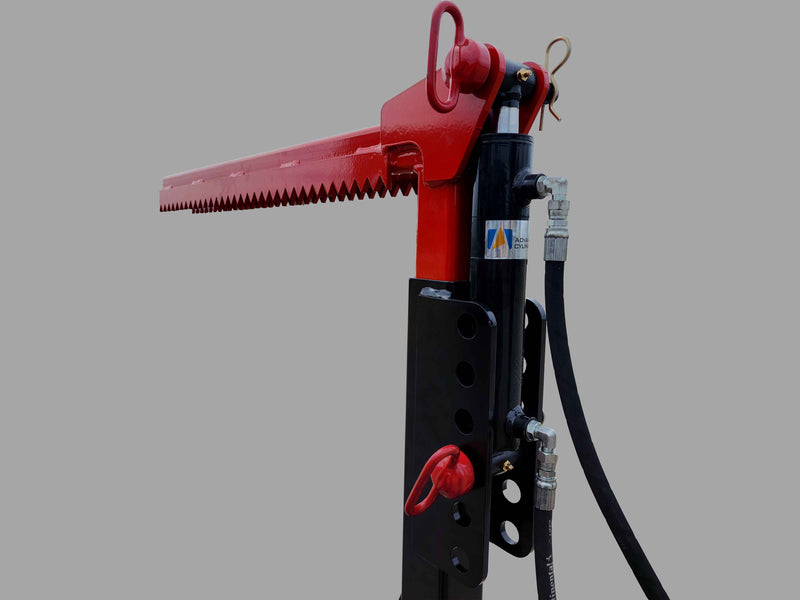 Top section of the skid steer tire grabber, focusing on the hydraulic cylinder and red hook for secure operation.