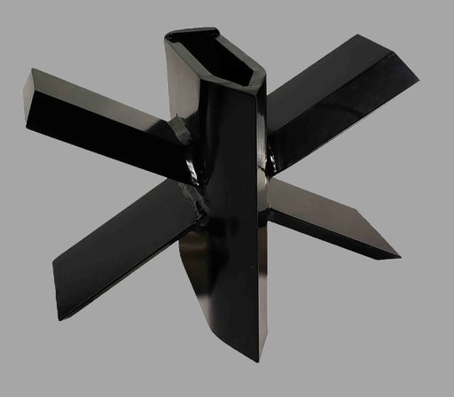 Close-up of the 6-way splitter wedge showing beveled four-wing design for efficient log splitting.