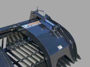 Close-up of EIP grapple bucket's hydraulic cylinder and steel tines, showcasing robust construction and design.
