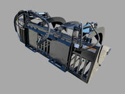Rear view of skid steer grapple bucket, highlighting dual hydraulic hoses and reinforced steel frame for durability.