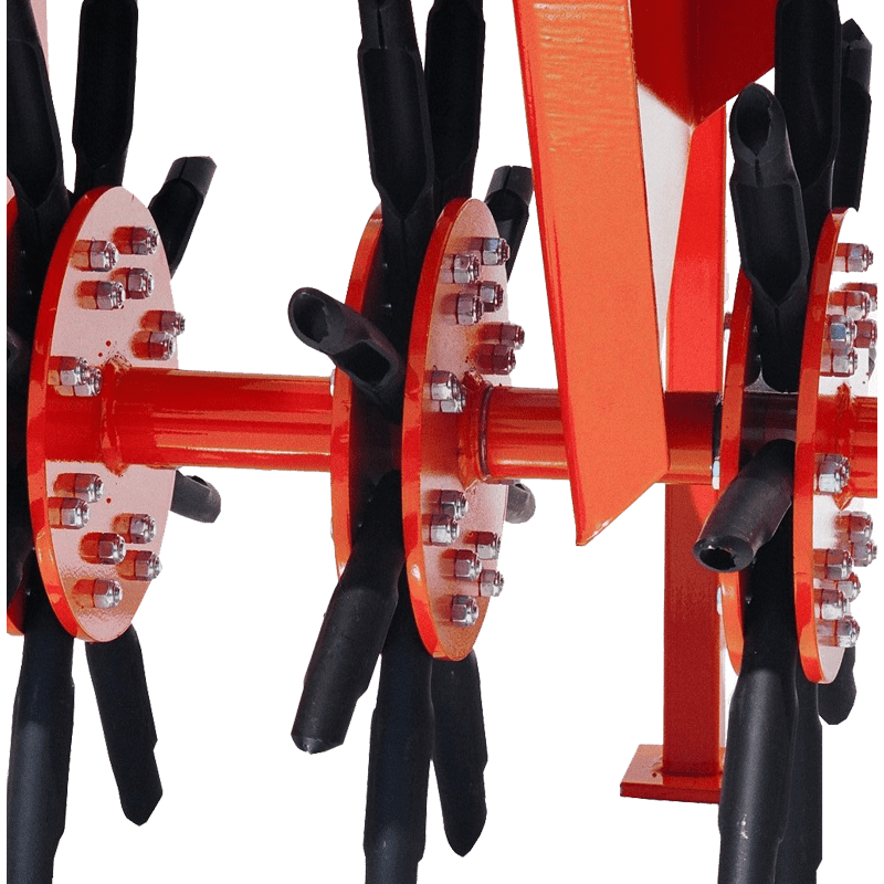 Detailed view of BEFCO core aerator's spoons and hubs, highlighting robust design for effective aeration.