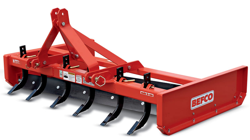 Close-up of BEFCO grading scraper's adjustable ripping shanks and reversible blades.