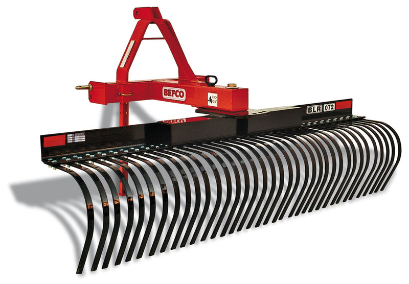 Red BEFCO Landscape Rake model BLR 072, featuring robust steel tines for efficient grading.