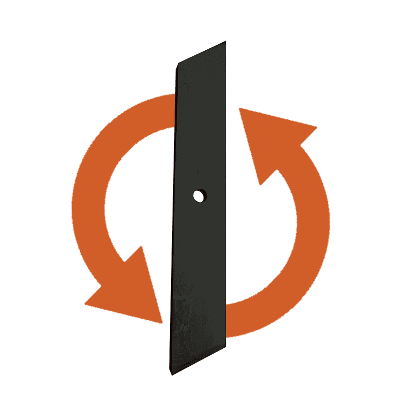 Reversible steel shank with orange rotation arrows, illustrating the dual-edge design for extended use.