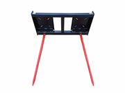 Front view of EIP Bale Spear with two red spears, designed for efficient hay handling with skid steer loaders.