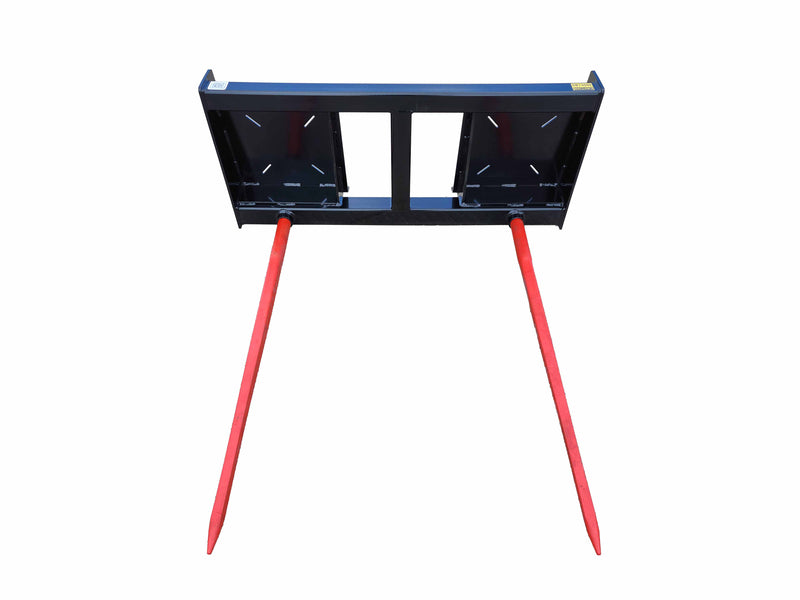 Front view of EIP Bale Spear with two red spears, designed for efficient hay handling with skid steer loaders.