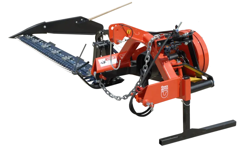 Rear view of BEFCO Sickle Bar Mower attached to tractor, showcasing quick hitch compatibility.