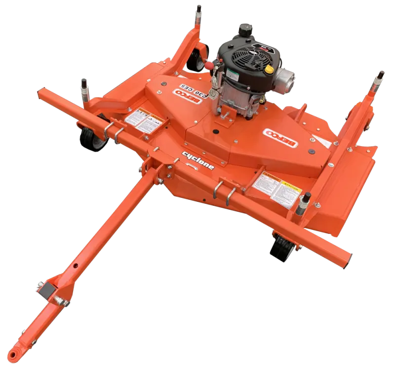 Top view of BEFCO CYCLONE C30-CE5H mower showcasing the robust 10-gauge steel deck and three-point hitch.