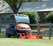 BEFCO finish mower attached to an ATV, demonstrating its versatility and professional-grade rear-discharge cut.
