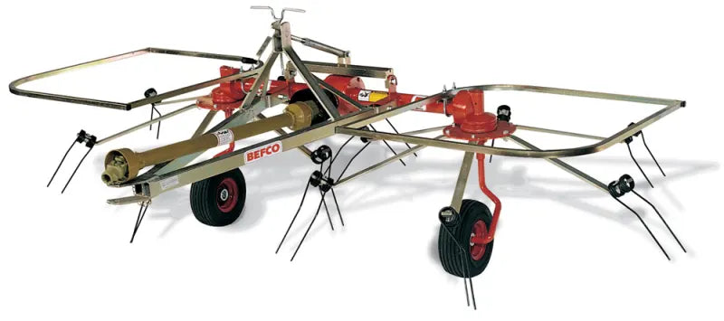 BEFCO DRP-300 hay tedder with dual rotors and high-strength spring steel tines for efficient hay drying.