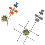 Diagram illustrating BEFCO CYCLONE FLEX mower's maneuverability around obstacles, emphasizing its zero-turn radius.