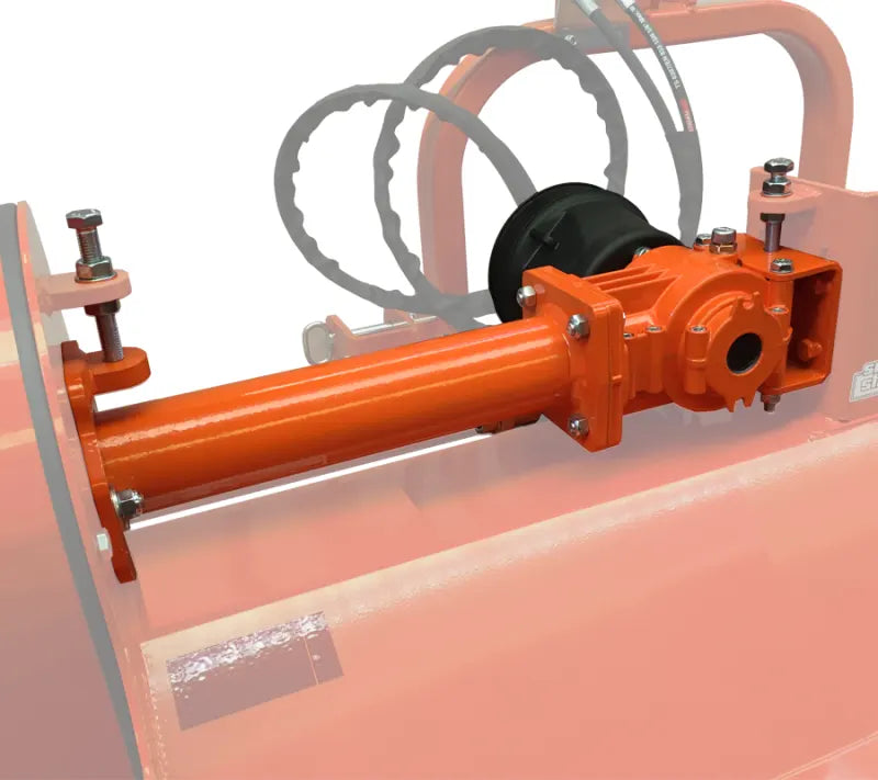 BEFCO flail mower's gearbox and drive shaft, emphasizing durable construction for reliable performance in tough conditions.