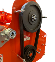Belt drive system of BEFCO flail mower, featuring reinforced belts and pulleys for efficient power transmission.