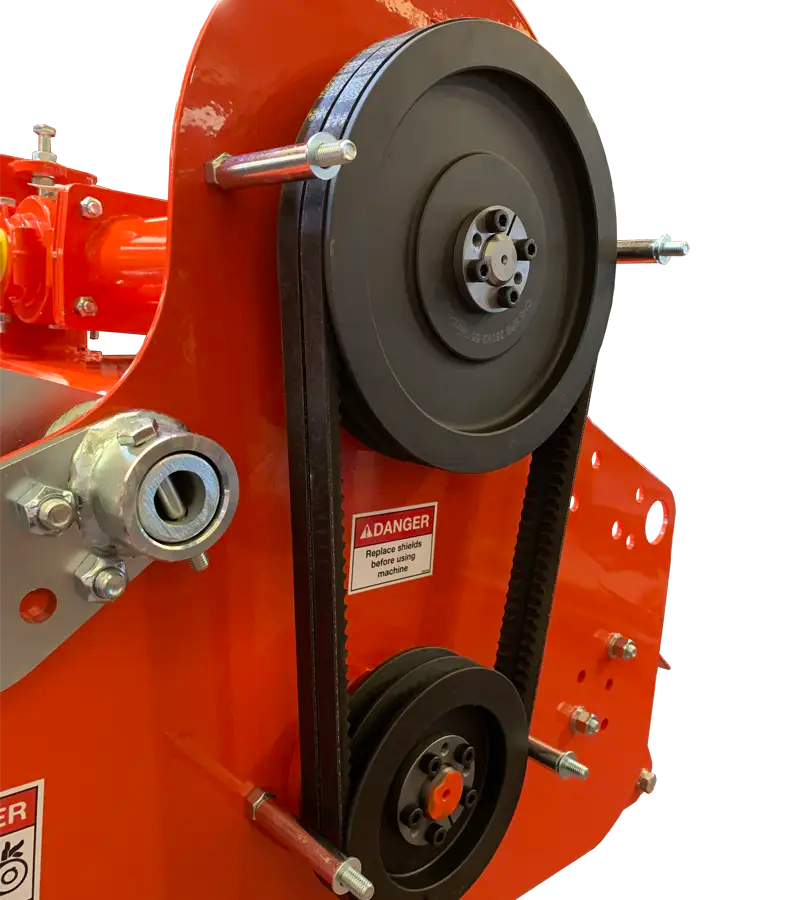 Belt drive system of BEFCO flail mower, featuring reinforced belts and pulleys for efficient power transmission.