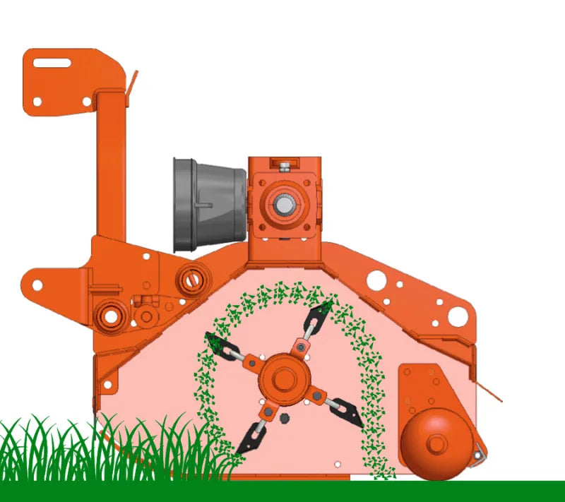 BEFCO flail mower's rotor design with blades, showing efficient cutting action for grass and brush management.